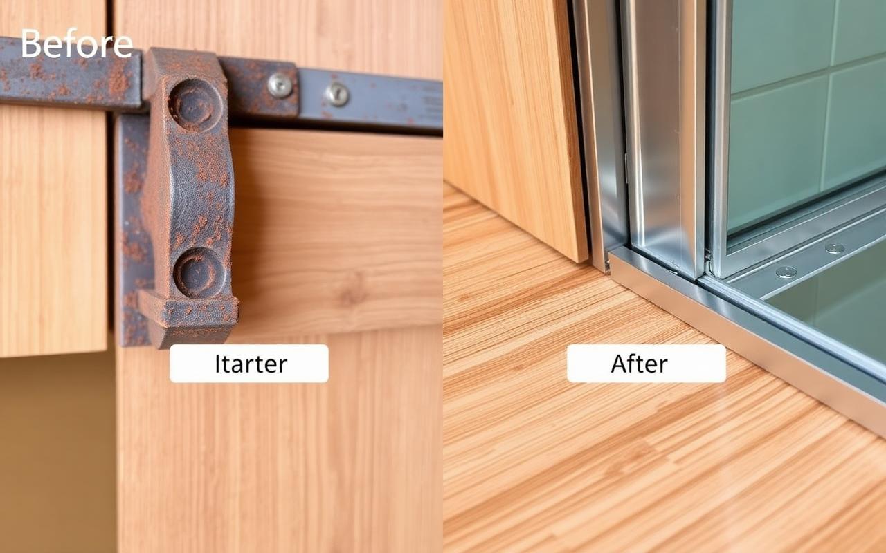 Before and after photo of a corroded versus brand new sliding door roller assembly