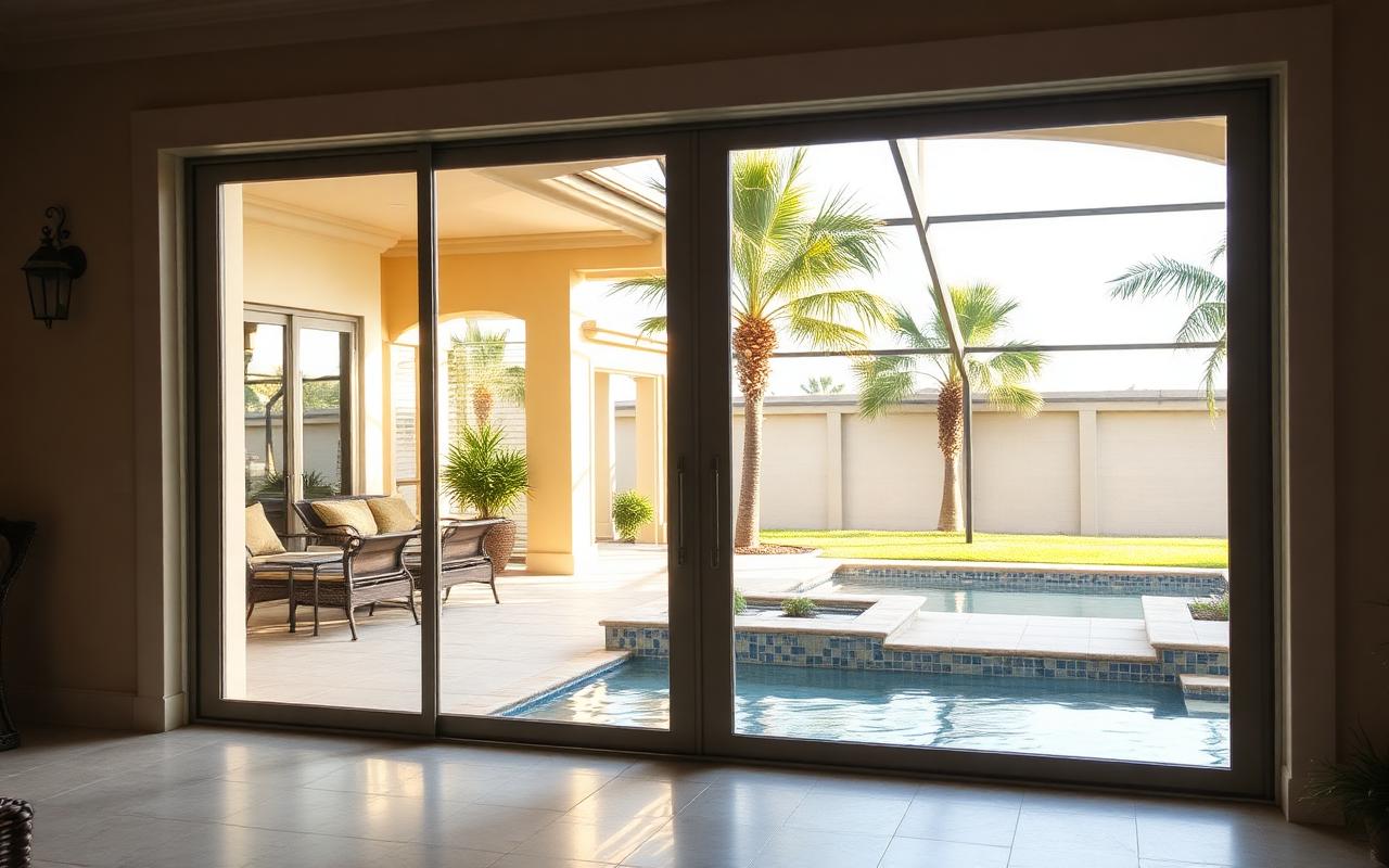 Beautiful Naples Florida home with large sliding glass patio doors leading to a pool
